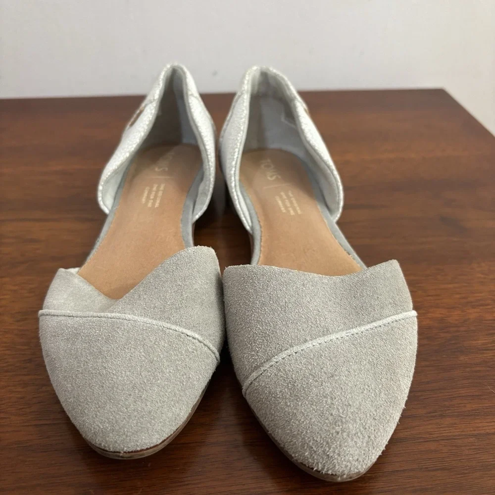 TOMS Women's‎ Jutty D'Orsay Flats Drizzle Gray Suede Point Toe Crackle Leather 6